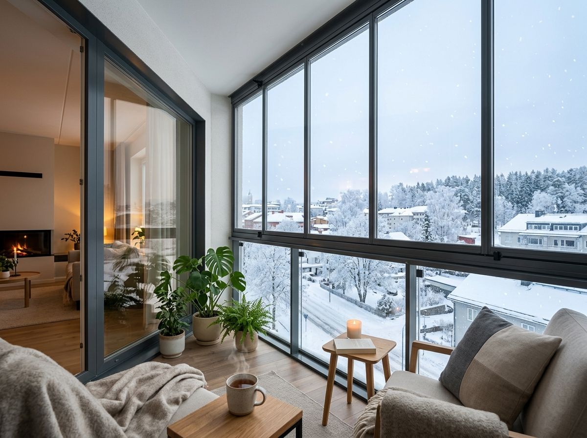 Isıcamlı cam balkon — karlı manzaraya bakan yalıtımlı balkon