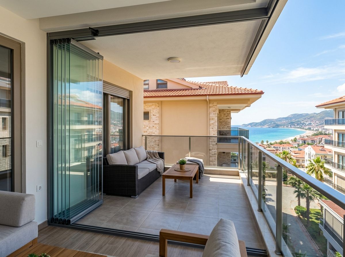 Katlanır cam balkon sistemi — paneller köşede toplanmış